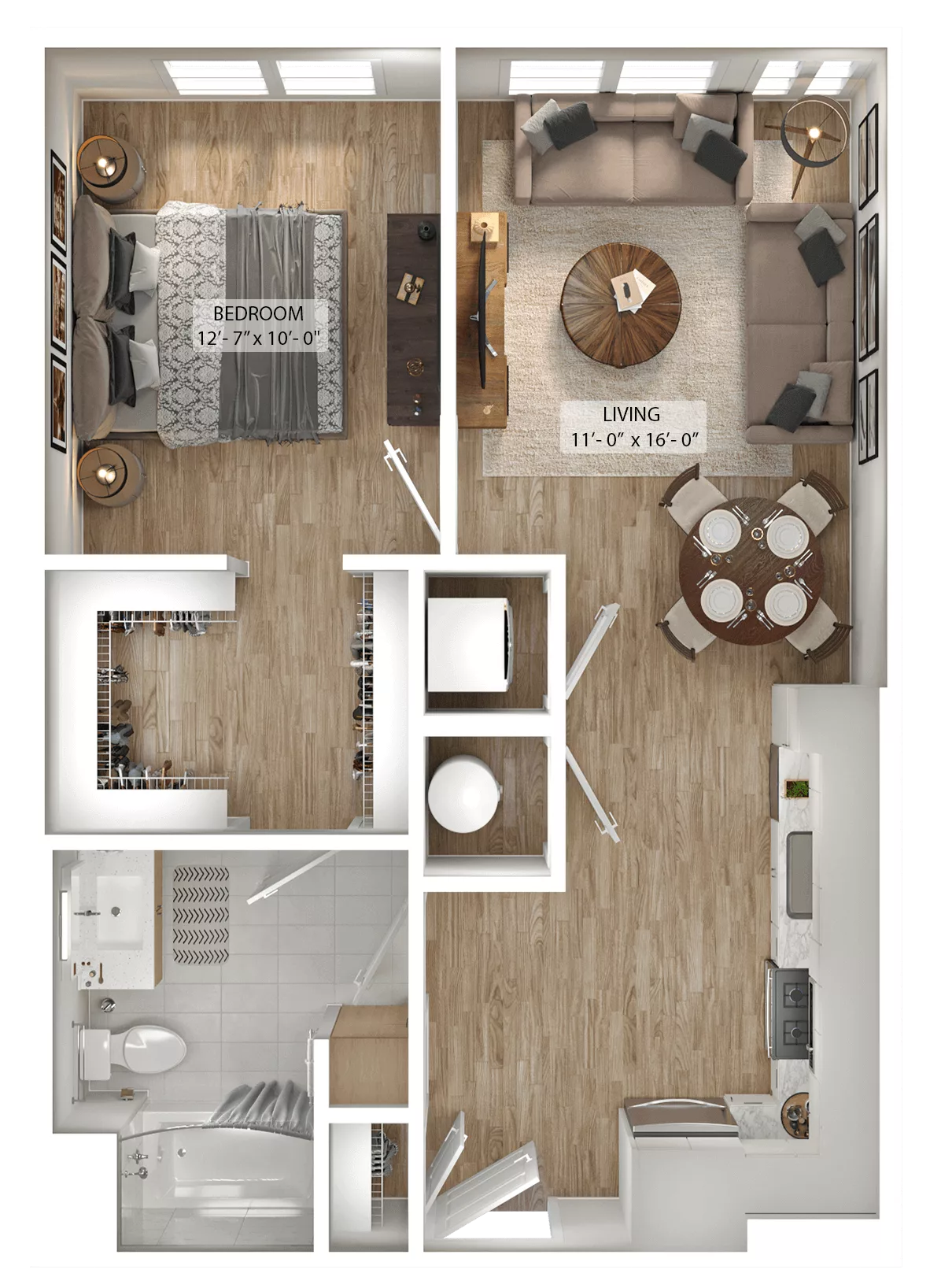 Rendering of the 1 Bed/1 Bath-A6 floor plan with 1 bedroom[s] and 1 bathroom[s] at Julius