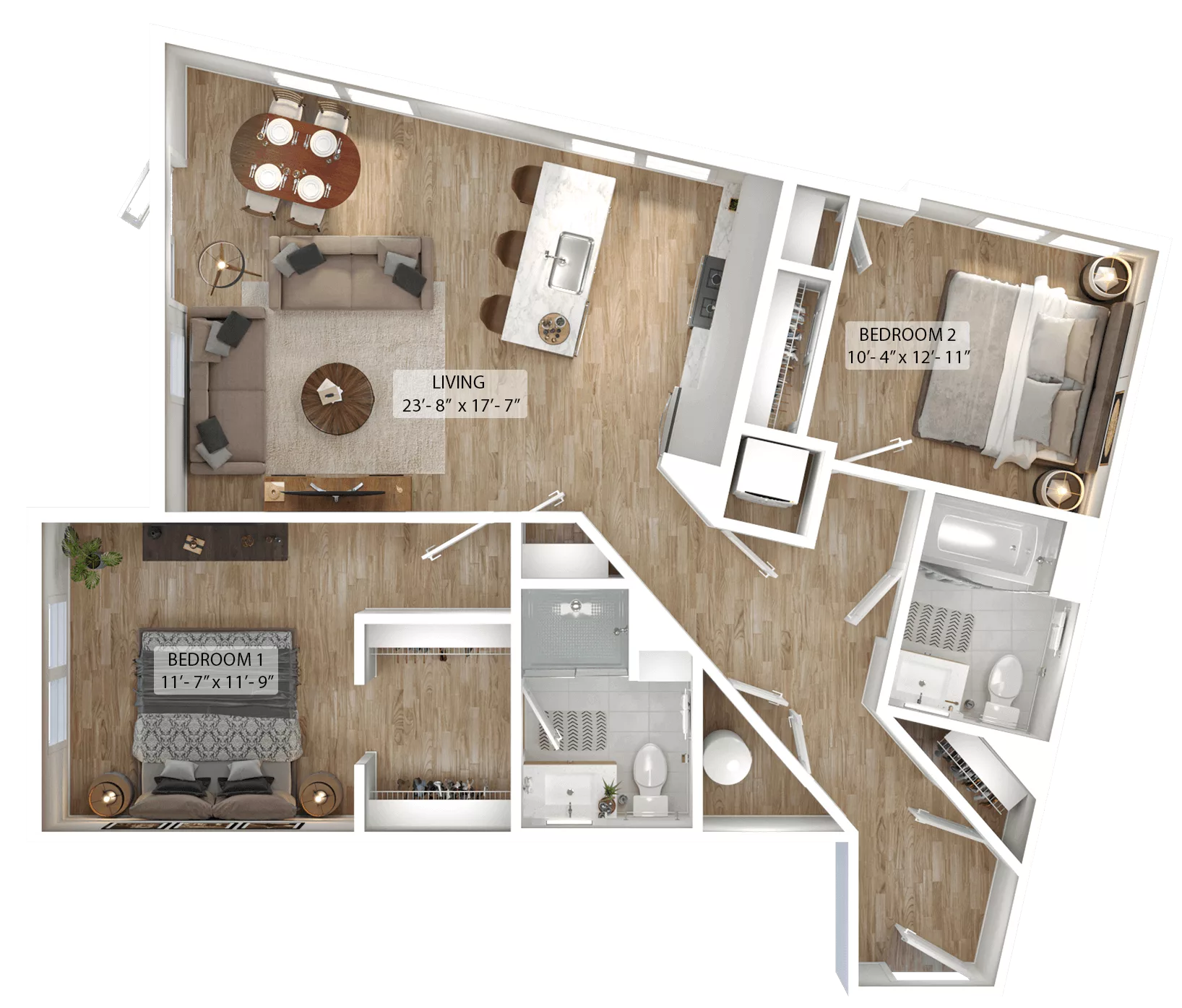 Rendering of the 2 Bed/2 Bath-B3 floor plan with 2 bedroom[s] and 2 bathroom[s] at Julius