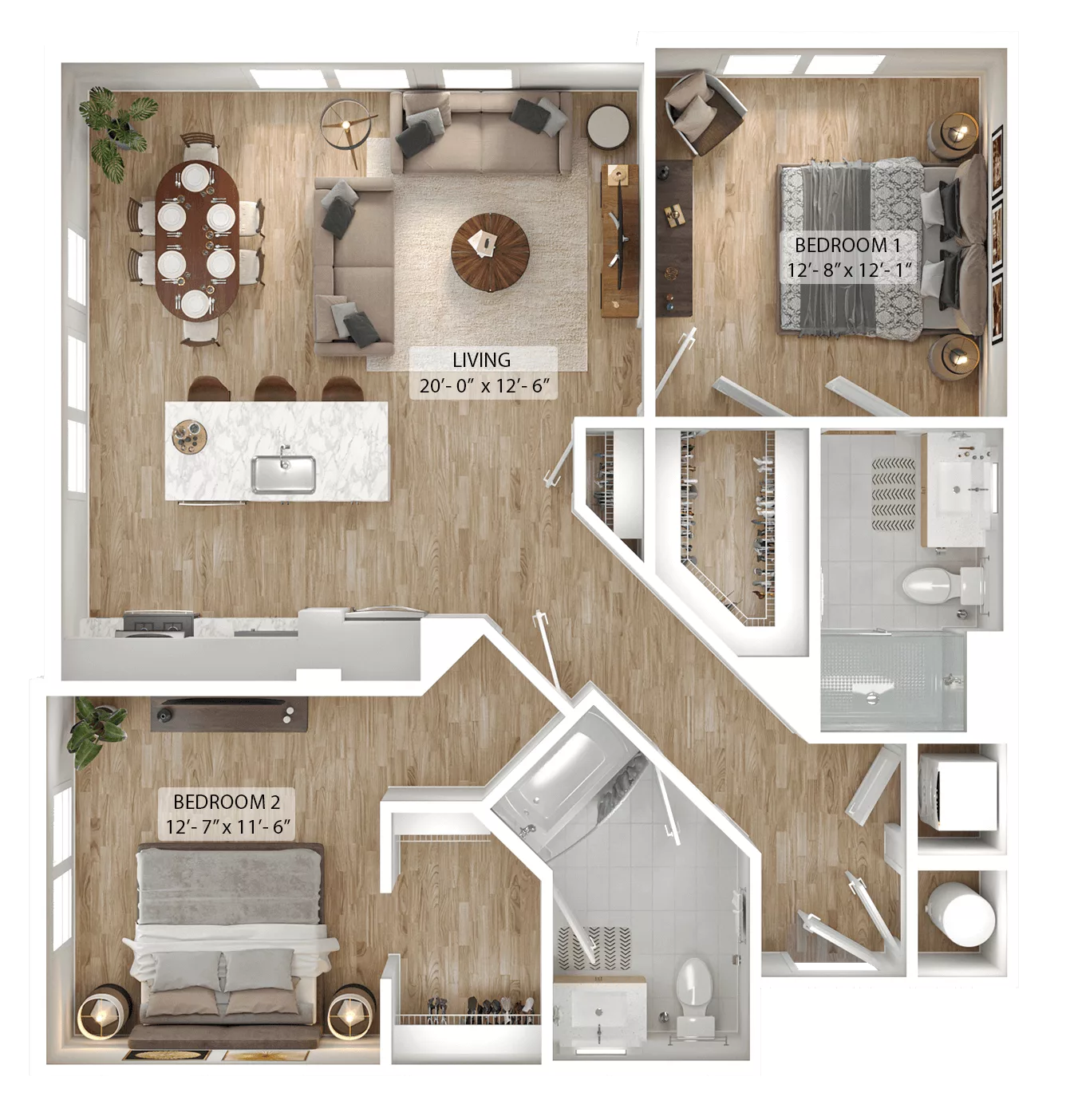 Rendering of the 2 Bed/2 Bath-B10 floor plan with 2 bedroom[s] and 2 bathroom[s] at Julius