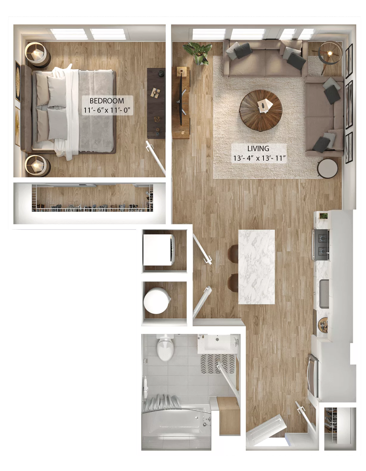 Rendering of the 1 Bed/1 Bath-A5 floor plan with 1 bedroom[s] and 1 bathroom[s] at Julius