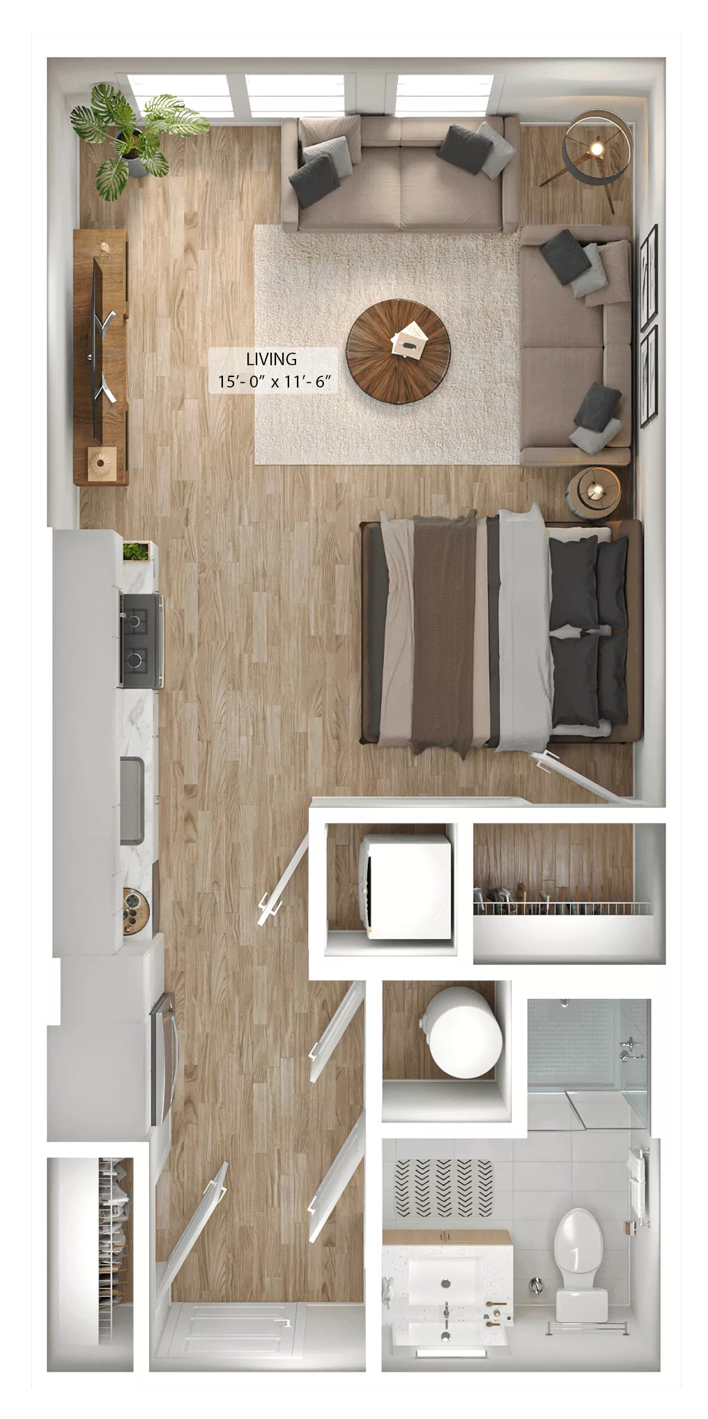 Rendering of the Studio-S1 floor plan with a Studio bedroom and 1 bathroom[s] at Julius