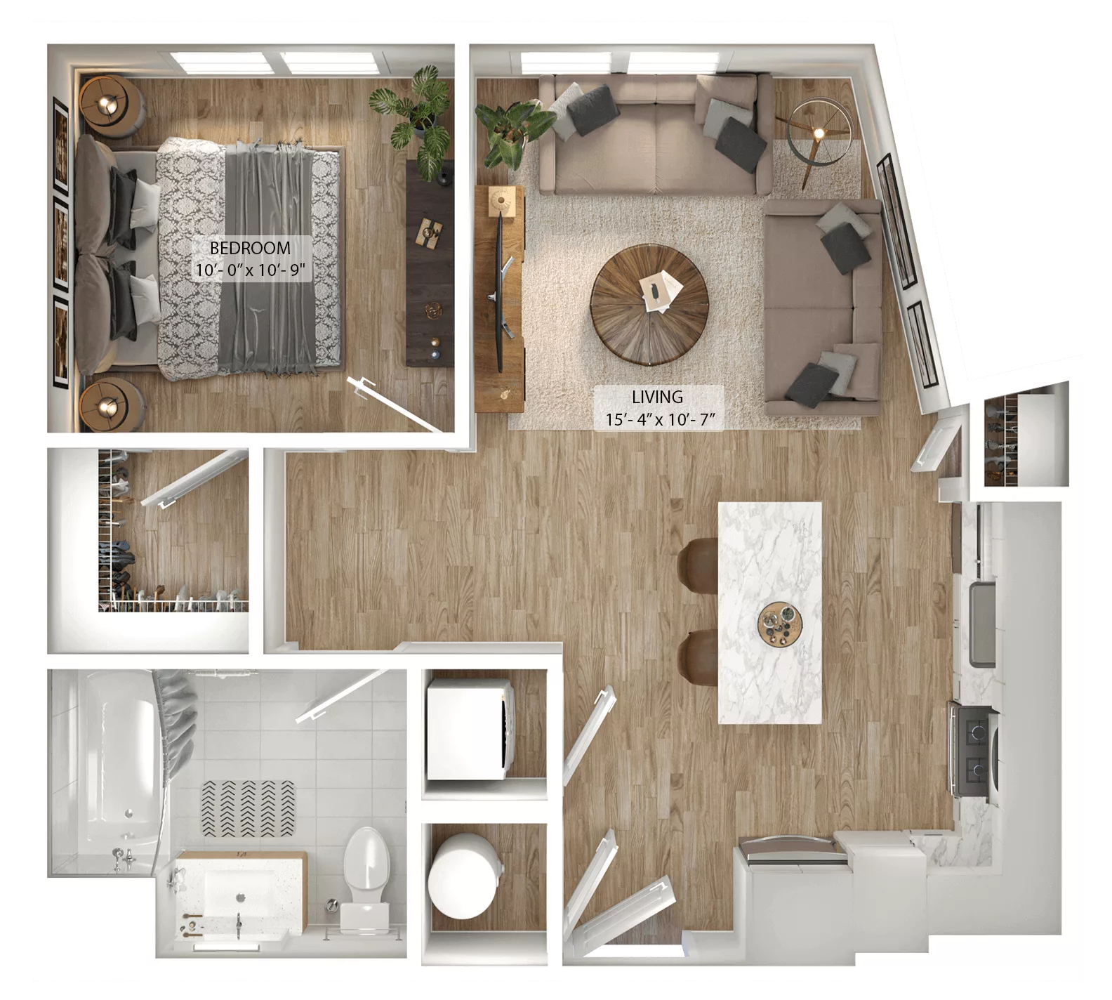 Rendering of the 1 Bed/1 Bath-A2 floor plan with 1 bedroom[s] and 1 bathroom[s] at Julius