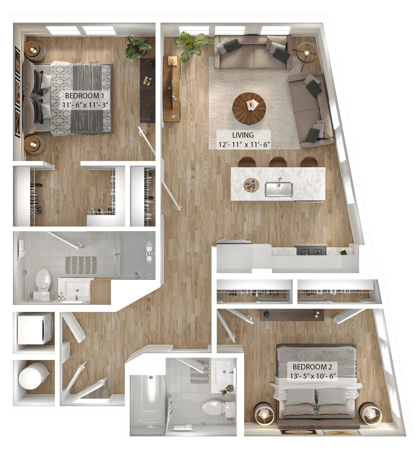 Rendering of the 2 Bed/2 Bath-B1 floor plan with 2 bedroom[s] and 2 bathroom[s] at Julius