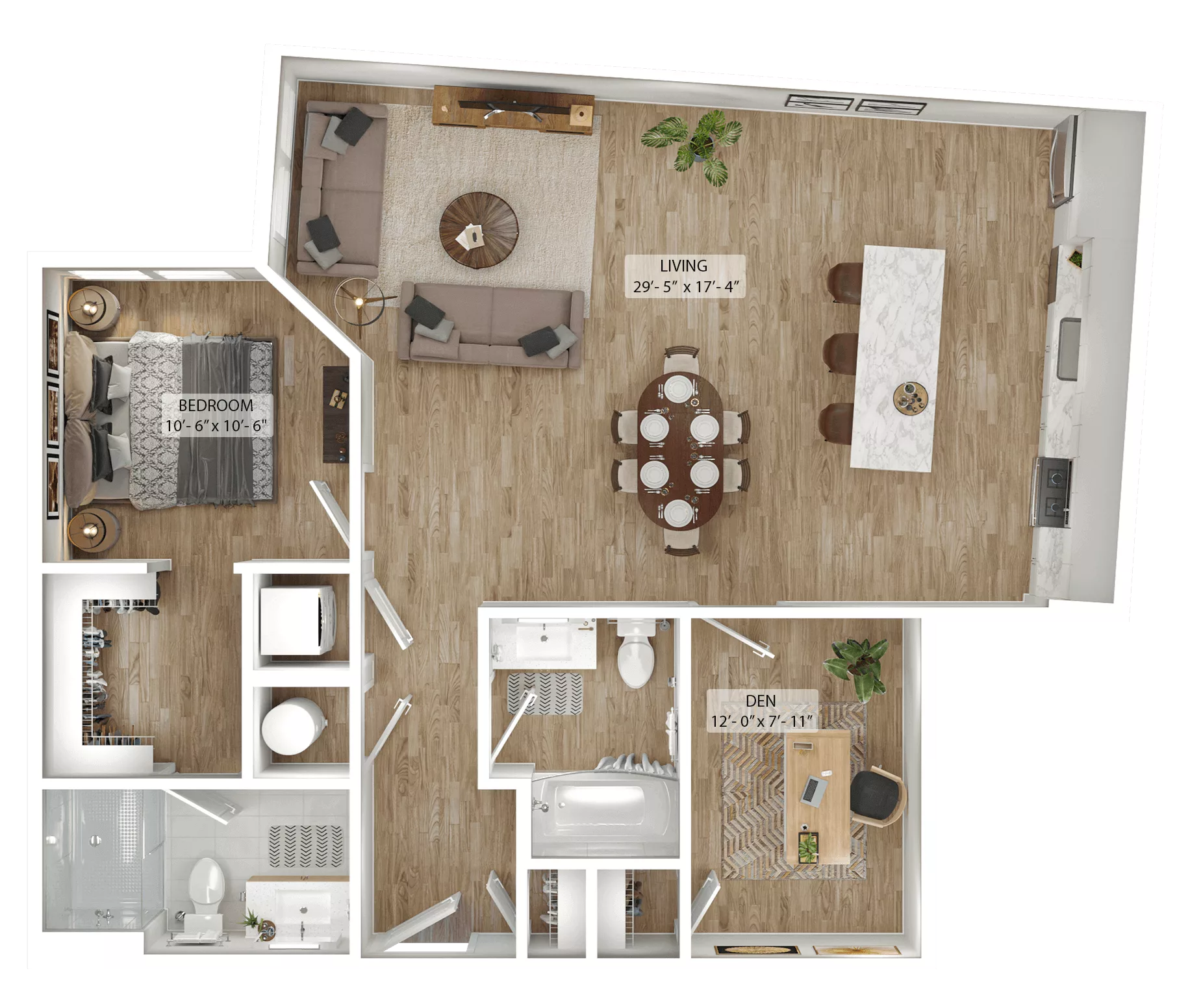Rendering of the 1 Bed/2 Bath Den-A2D floor plan with 1 bedroom[s] and 2 bathroom[s] at Julius