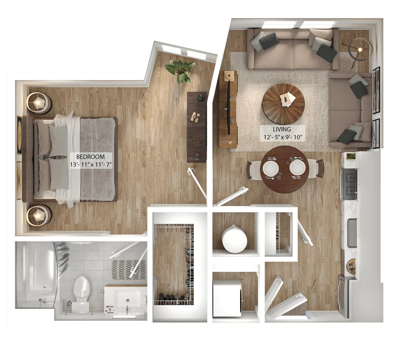 Rendering of the 1 Bed/1 Bath-A1 floor plan with 1 bedroom[s] and 1 bathroom[s] at Julius