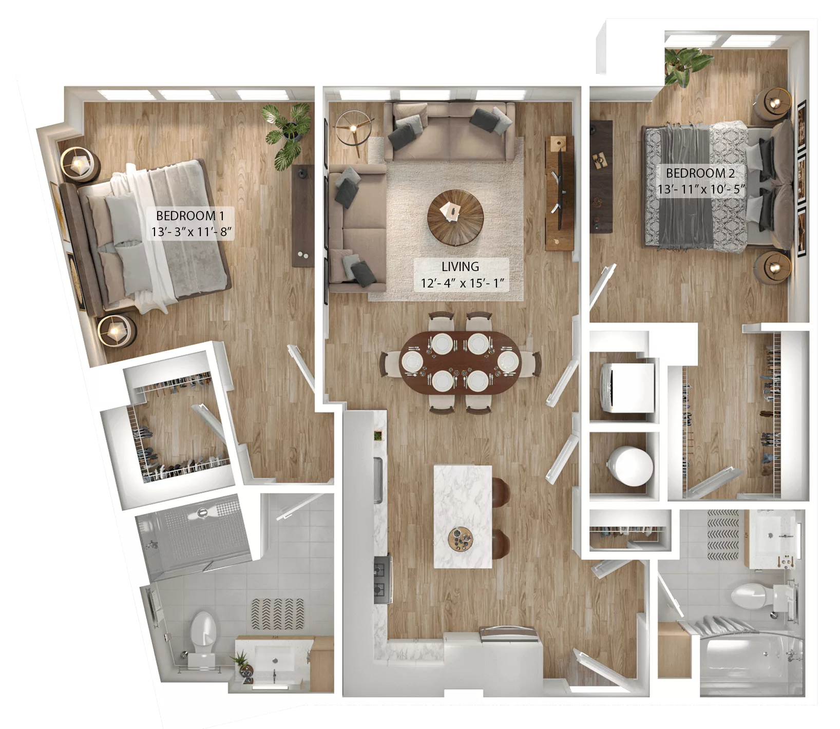 Rendering of the 2 Bed/2 Bath-B4 floor plan with 2 bedroom[s] and 2 bathroom[s] at Julius