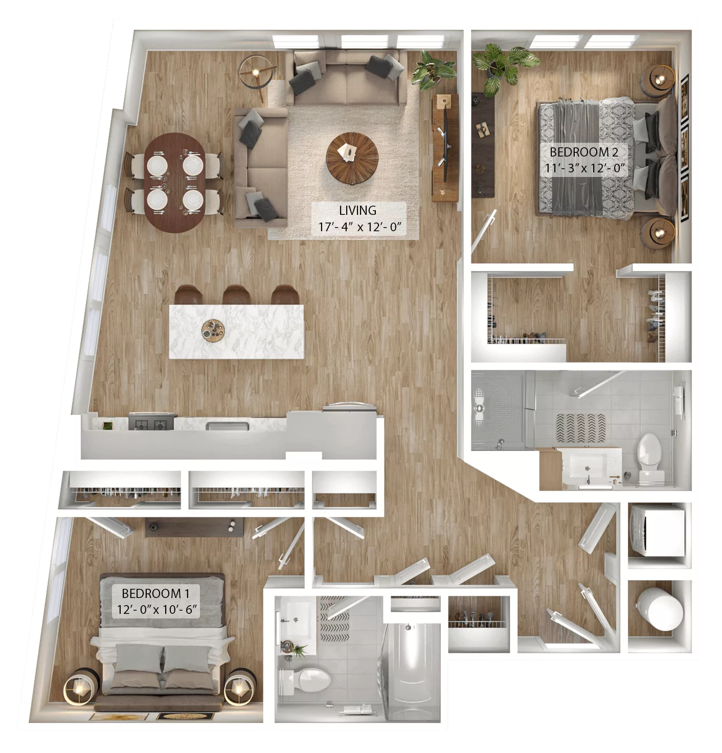 Rendering of the 2 Bed/2 Bath-B7 floor plan with 2 bedroom[s] and 2 bathroom[s] at Julius