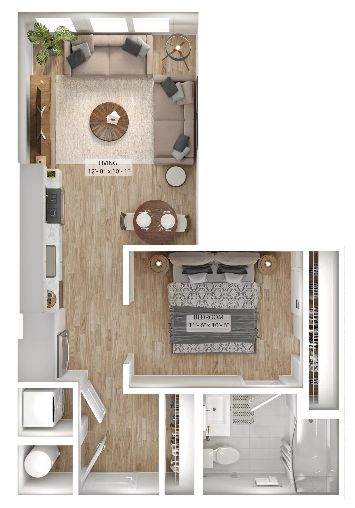 Rendering of the Studio Den-S3 floor plan with a Studio bedroom and 1 bathroom[s] at Julius