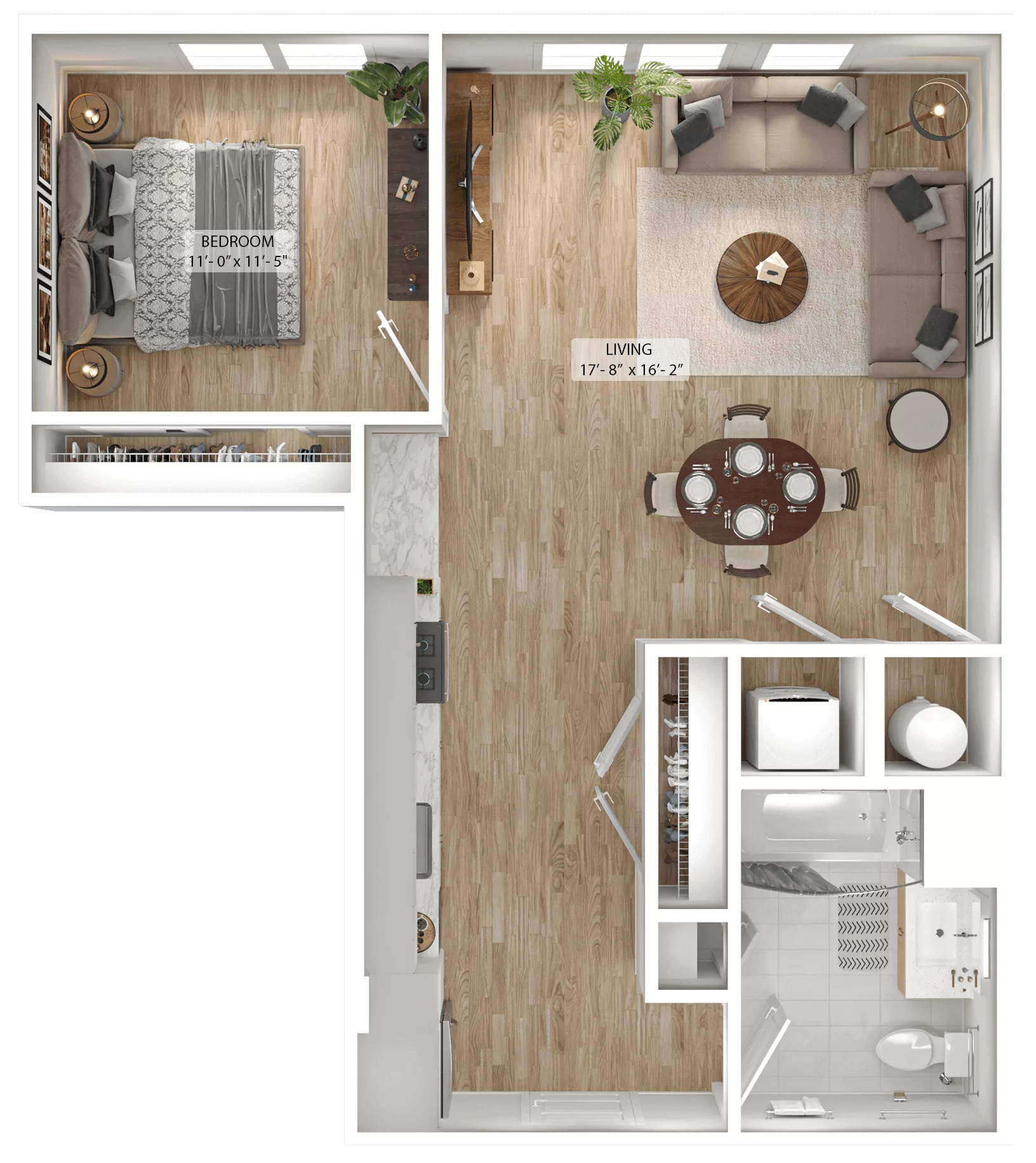 Rendering of the 1 Bed/1 Bath-A7 floor plan with 1 bedroom[s] and 1 bathroom[s] at Julius