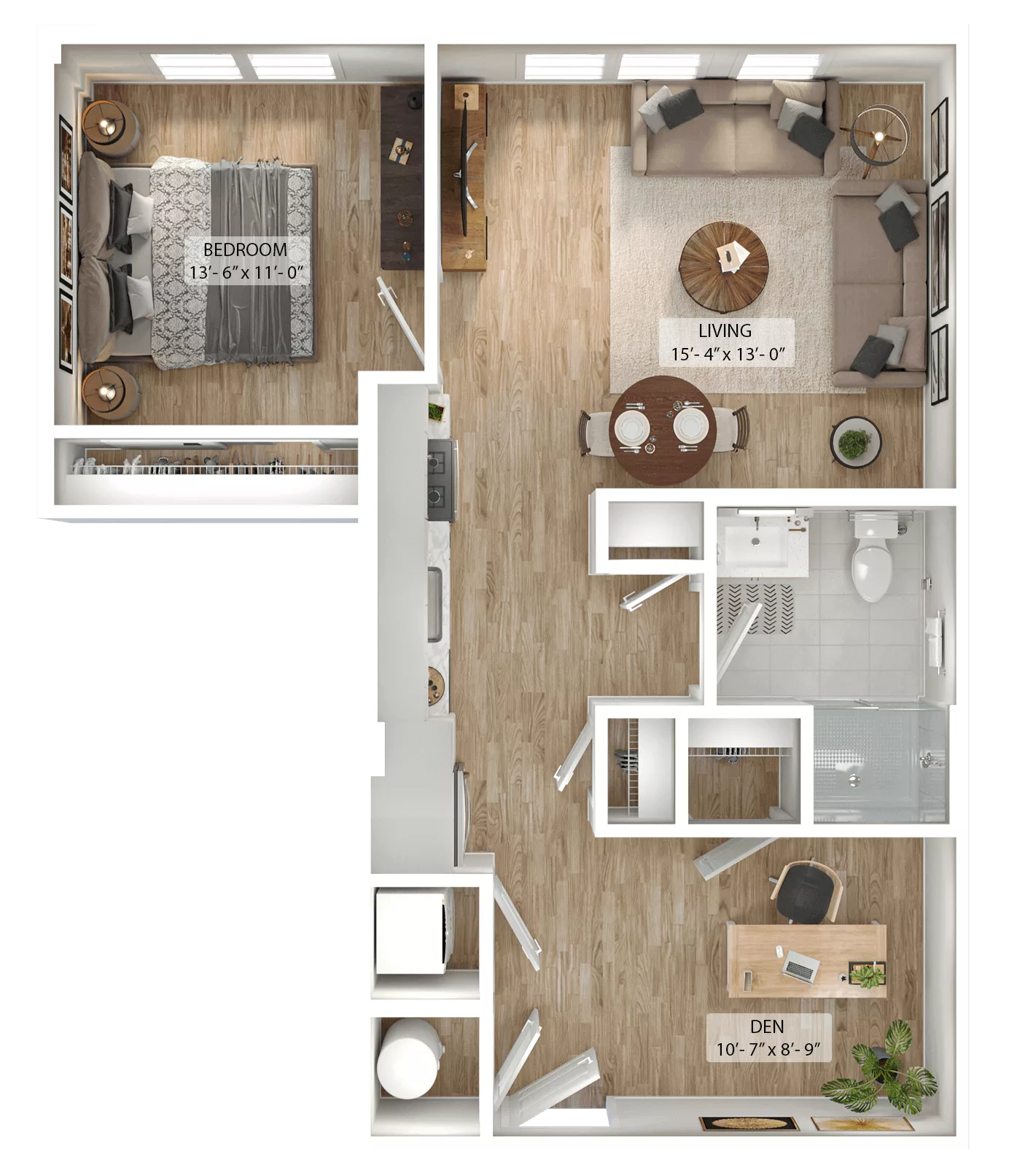 Rendering of the 1 Bed/1 Bath Den-A1D floor plan with 1 bedroom[s] and 1 bathroom[s] at Julius