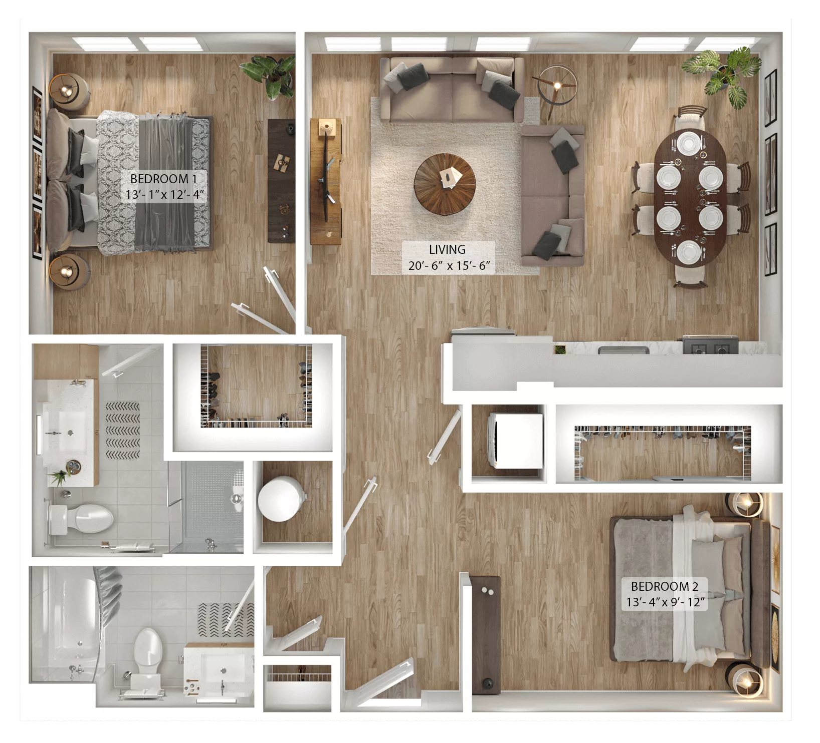 Rendering of the 1 Bed/2 Bath Den-A3D floor plan with 1 bedroom[s] and 2 bathroom[s] at Julius