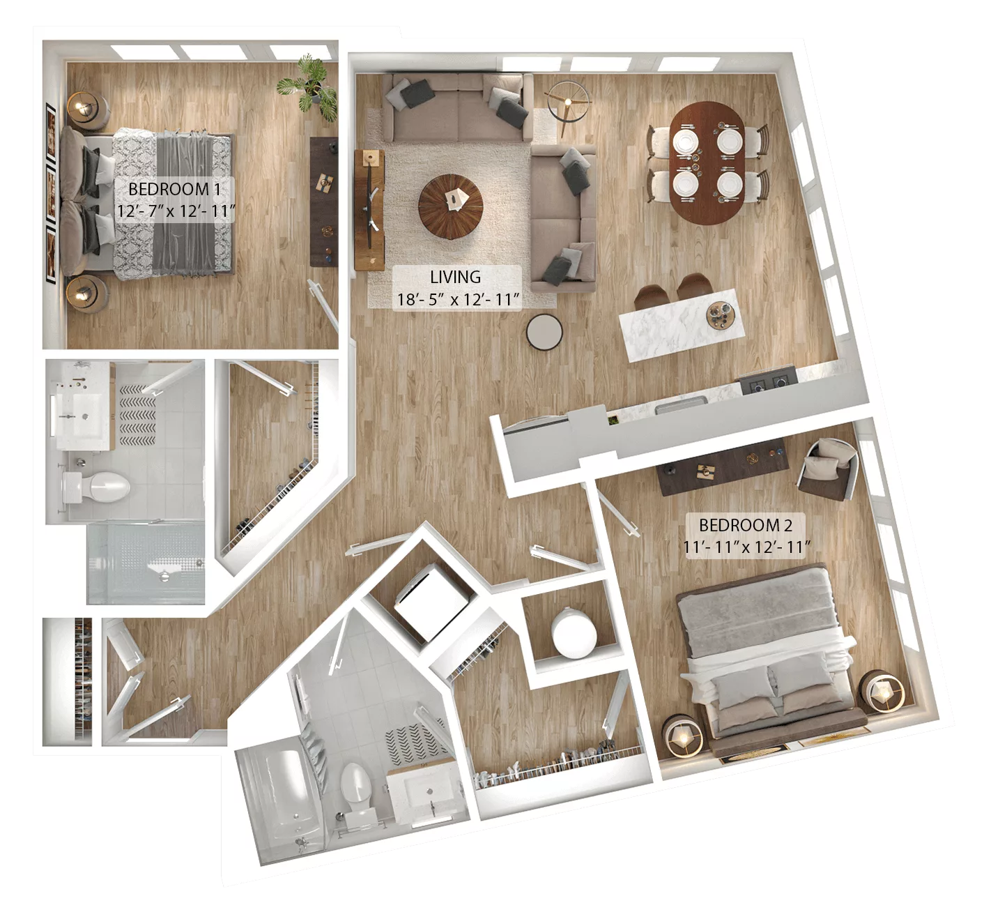 Rendering of the 2 Bed/2 Bath-B8 floor plan with 2 bedroom[s] and 2 bathroom[s] at Julius