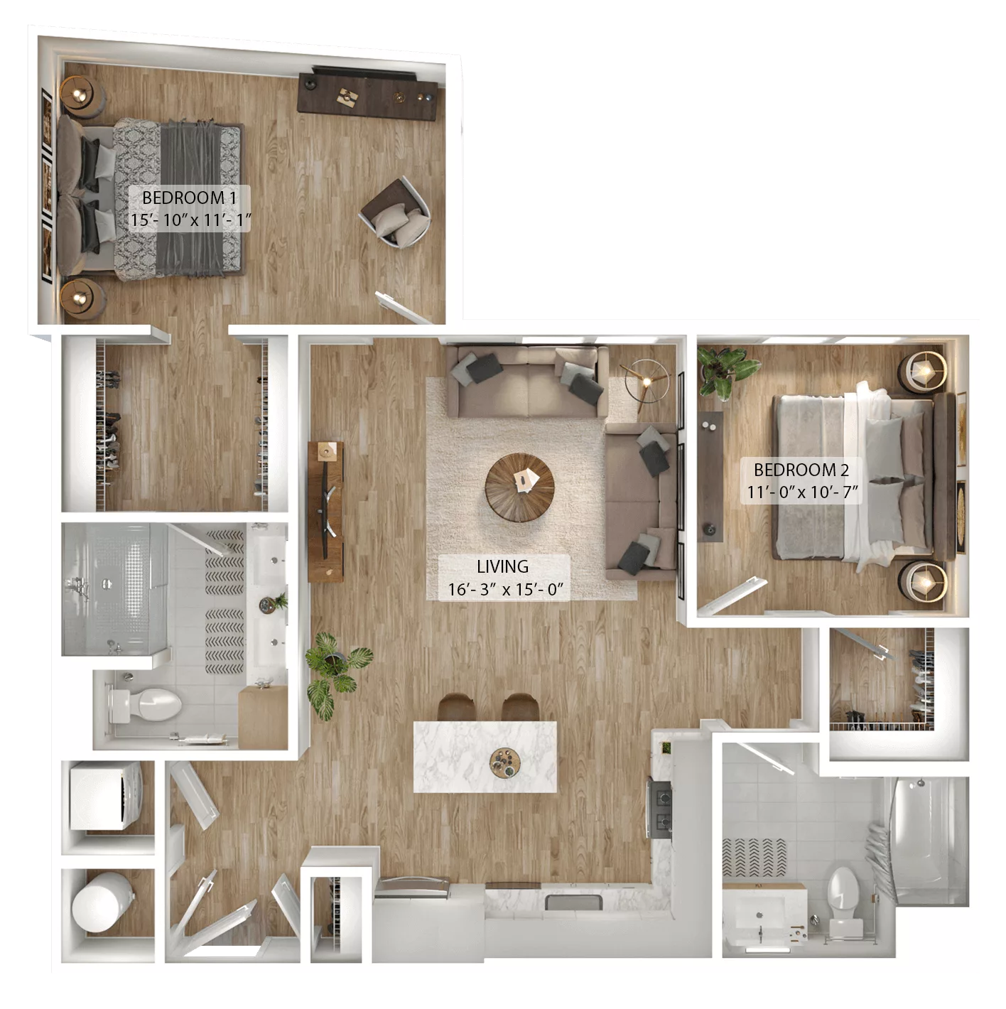 Rendering of the 2 Bed/2 Bath-B5 floor plan with 2 bedroom[s] and 2 bathroom[s] at Julius