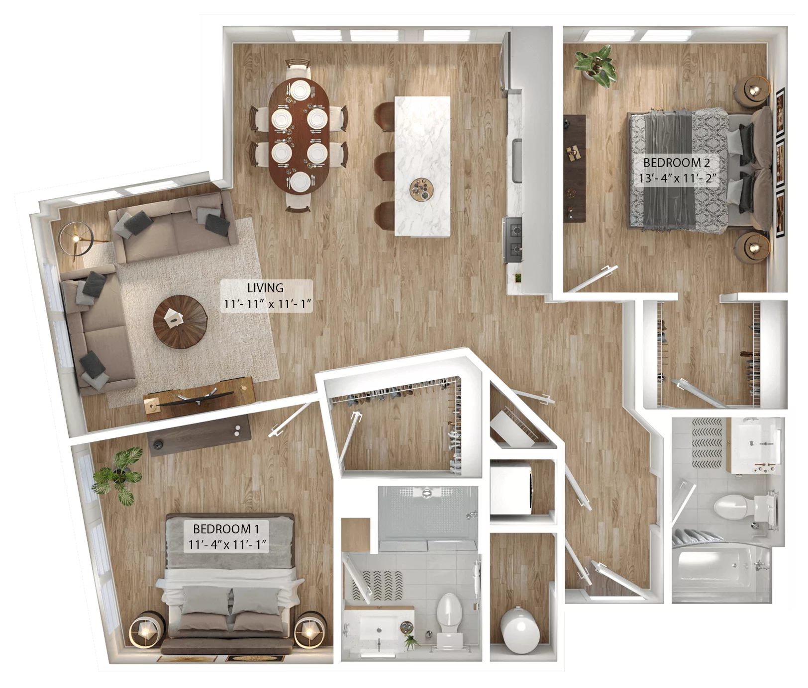 Rendering of the 2 Bed/2 Bath-B6 floor plan with 2 bedroom[s] and 2 bathroom[s] at Julius