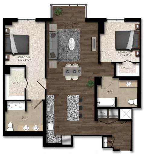 Rendering of the 2 Bed/2 Bath-4E floor plan with 2 bedroom[s] and 2 bathroom[s] at Parc Riverside
