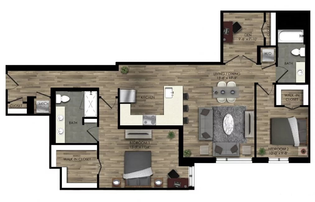 Rendering of the 2 Bed/2 Bath Den-23W floor plan with 2 bedroom[s] and 2 bathroom[s] at Parc Riverside