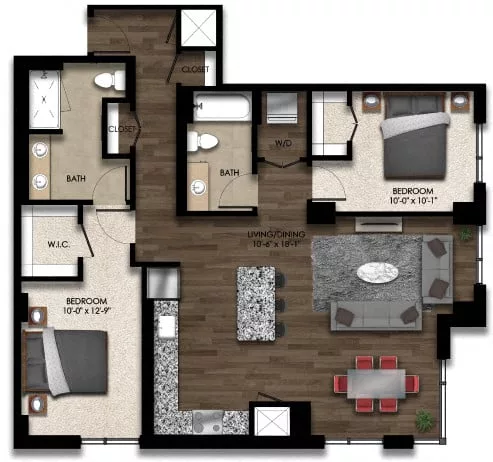 Rendering of the 2 Bed/2 Bath-2E floor plan with 2 bedroom[s] and 2 bathroom[s] at Parc Riverside