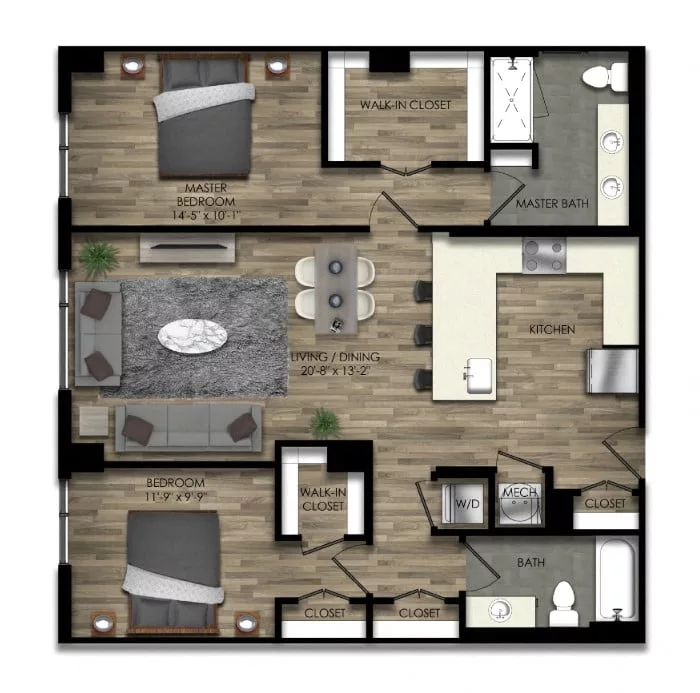 Rendering of the 2 Bed/2 Bath-20W floor plan with 2 bedroom[s] and 2 bathroom[s] at Parc Riverside