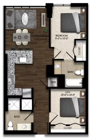 Rendering of the 1 Bed/2 Bath Den-6E floor plan with 1 bedroom[s] and 2 bathroom[s] at Parc Riverside