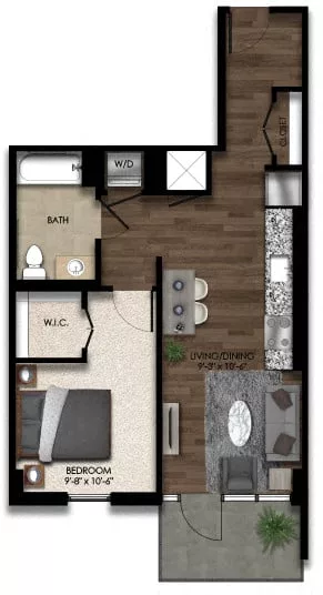 Rendering of the 1 Bed/1 Bath-2E floor plan with 1 bedroom[s] and 1 bathroom[s] at Parc Riverside