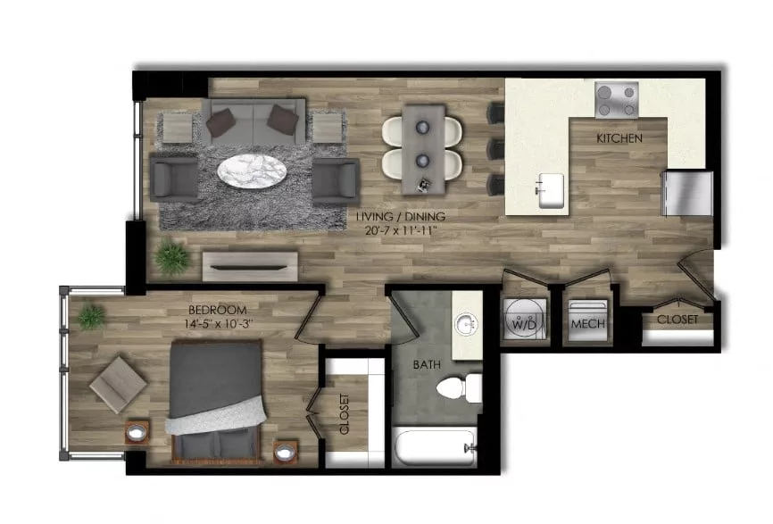 Rendering of the 1 Bed/1 Bath-23W floor plan with 1 bedroom[s] and 1 bathroom[s] at Parc Riverside