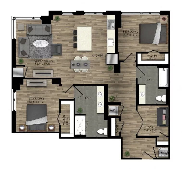 Rendering of the 2 Bed/2 Bath Den-22W floor plan with 2 bedroom[s] and 2 bathroom[s] at Parc Riverside
