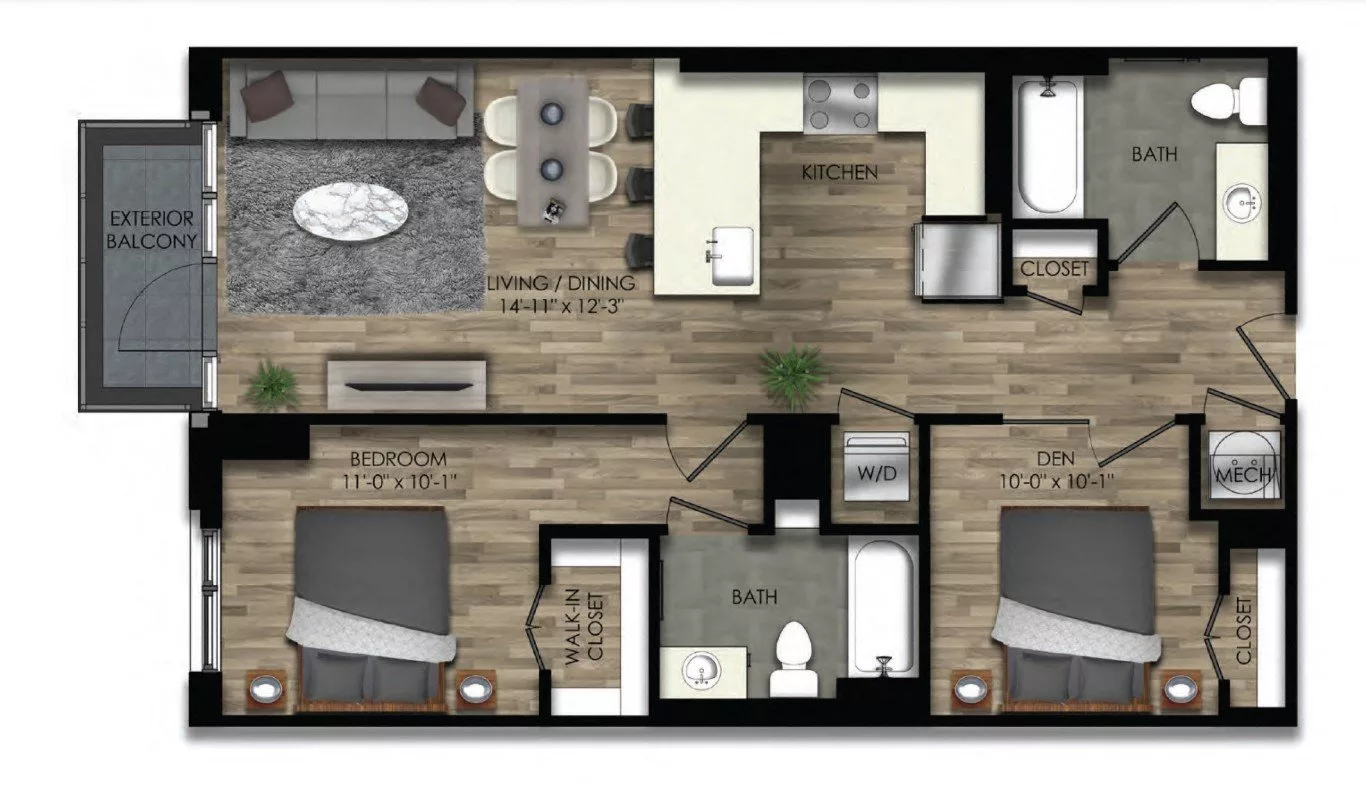 Rendering of the 1 Bed/2 Bath Den-21W floor plan with 1 bedroom[s] and 2 bathroom[s] at Parc Riverside