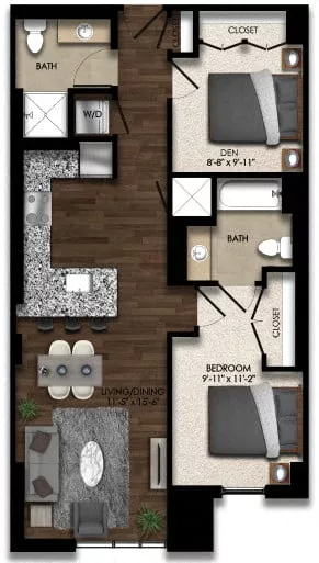Rendering of the 1 Bed/2 Bath Den-1E floor plan with 1 bedroom[s] and 2 bathroom[s] at Parc Riverside