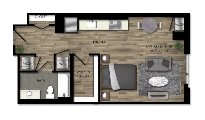 Rendering of the Studio-23W floor plan with a Studio bedroom and 1 bathroom[s] at Parc Riverside
