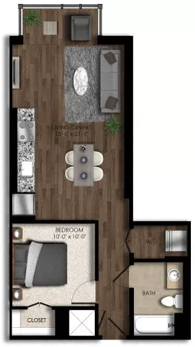 Rendering of the 1 Bed/1 Bath JR-2E floor plan with 1 bedroom[s] and 1 bathroom[s] at Parc Riverside