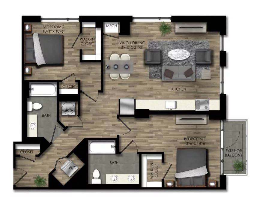 Rendering of the 2 Bed/2 Bath-25W floor plan with 2 bedroom[s] and 2 bathroom[s] at Parc Riverside