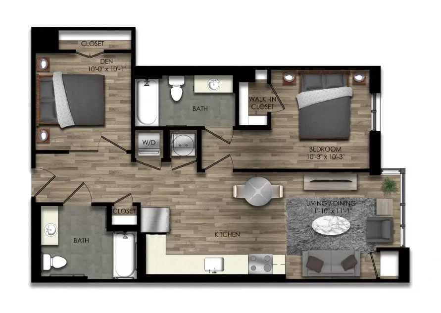 Rendering of the 1 Bed/2 Bath Den-28W floor plan with 1 bedroom[s] and 2 bathroom[s] at Parc Riverside