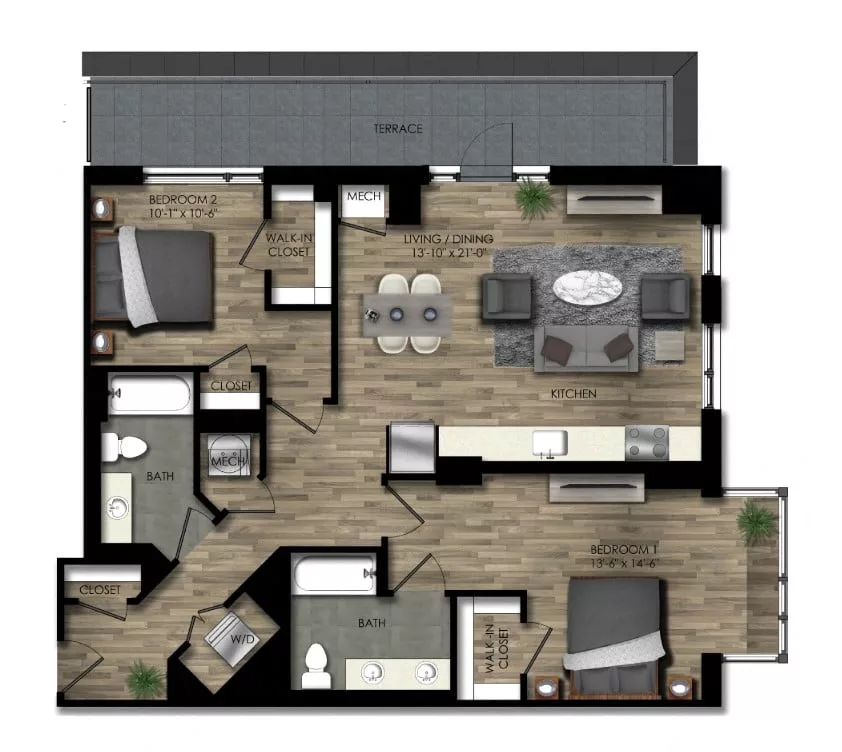 Rendering of the 2 Bed/2 Bath-24W floor plan with 2 bedroom[s] and 2 bathroom[s] at Parc Riverside