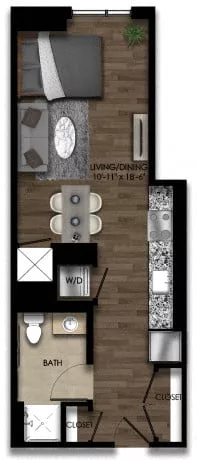 Rendering of the Studio-3E floor plan with a Studio bedroom and 1 bathroom[s] at Parc Riverside