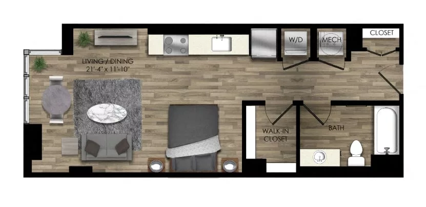 Rendering of the Studio-20W floor plan with a Studio bedroom and 1 bathroom[s] at Parc Riverside