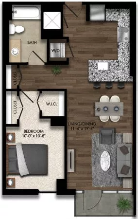 Rendering of the 1 Bed/1 Bath-3E floor plan with 1 bedroom[s] and 1 bathroom[s] at Parc Riverside