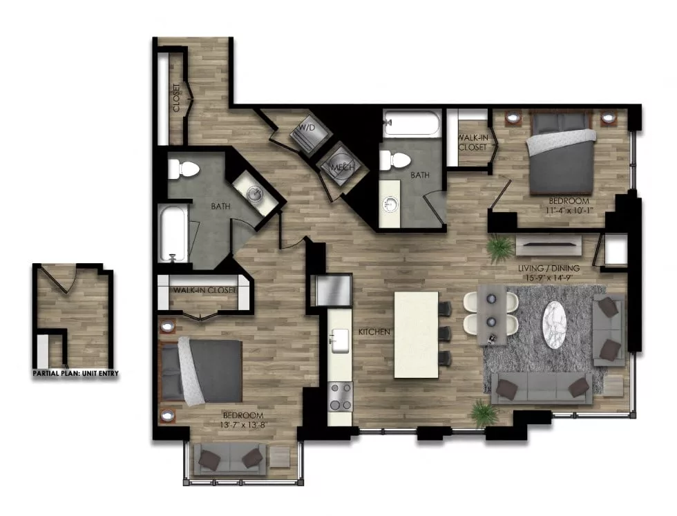 Rendering of the 2 Bed/2 Bath-21W floor plan with 2 bedroom[s] and 2 bathroom[s] at Parc Riverside