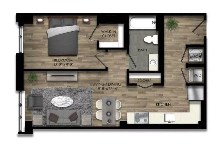 Rendering of the 1 Bed/1 Bath-29W floor plan with 1 bedroom[s] and 1 bathroom[s] at Parc Riverside