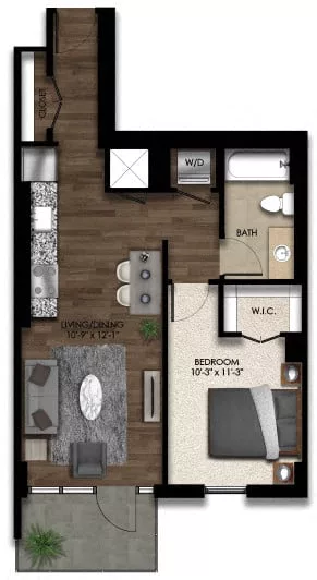 Rendering of the 1 Bed/1 Bath-1E floor plan with 1 bedroom[s] and 1 bathroom[s] at Parc Riverside
