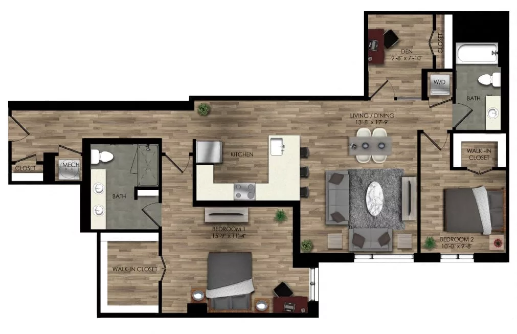 Rendering of the 2 Bed/2 Bath Den-24W floor plan with 2 bedroom[s] and 2 bathroom[s] at Parc Riverside