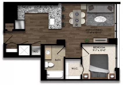 Rendering of the 1 Bed/1 Bath-9E floor plan with 1 bedroom[s] and 1 bathroom[s] at Parc Riverside