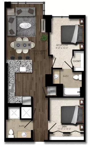 Rendering of the 1 Bed/2 Bath Den-4E floor plan with 1 bedroom[s] and 2 bathroom[s] at Parc Riverside