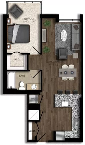 Rendering of the 1 Bed/1 Bath-7E floor plan with 1 bedroom[s] and 1 bathroom[s] at Parc Riverside
