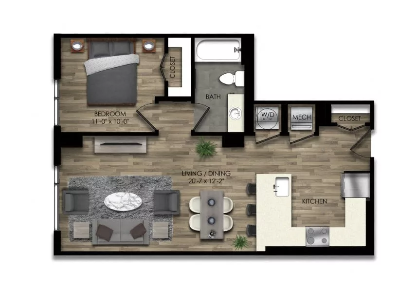 Rendering of the 1 Bed/1 Bath-20W floor plan with 1 bedroom[s] and 1 bathroom[s] at Parc Riverside