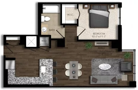 Rendering of the 1 Bed/1 Bath-6E floor plan with 1 bedroom[s] and 1 bathroom[s] at Parc Riverside