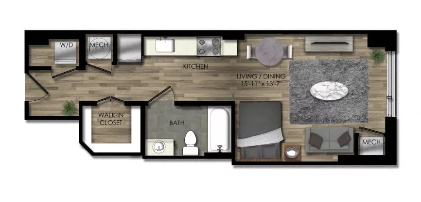 Rendering of the Studio-24W floor plan with a Studio bedroom and 1 bathroom[s] at Parc Riverside