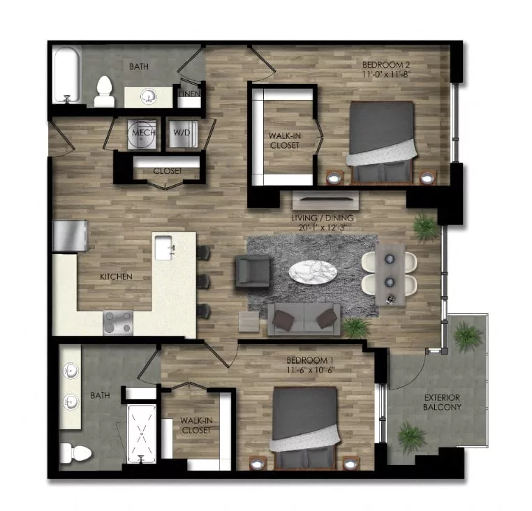 Rendering of the 2 Bed/2 Bath-23W floor plan with 2 bedroom[s] and 2 bathroom[s] at Parc Riverside