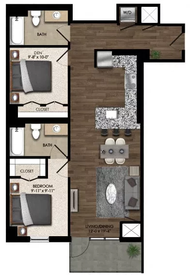 Rendering of the 1 Bed/2 Bath Den-2E floor plan with 1 bedroom[s] and 2 bathroom[s] at Parc Riverside