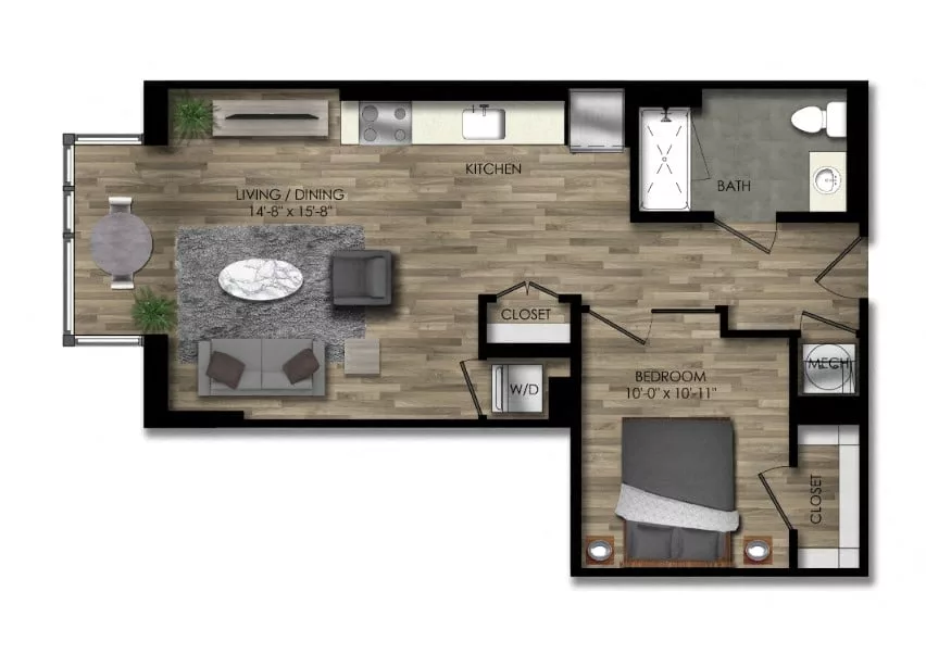 Rendering of the 1 Bed/1 Bath JR-25W floor plan with 1 bedroom[s] and 1 bathroom[s] at Parc Riverside