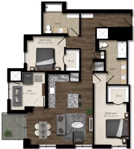 Rendering of the 2 Bed/2 Bath Den-1E floor plan with 2 bedroom[s] and 2 bathroom[s] at Parc Riverside